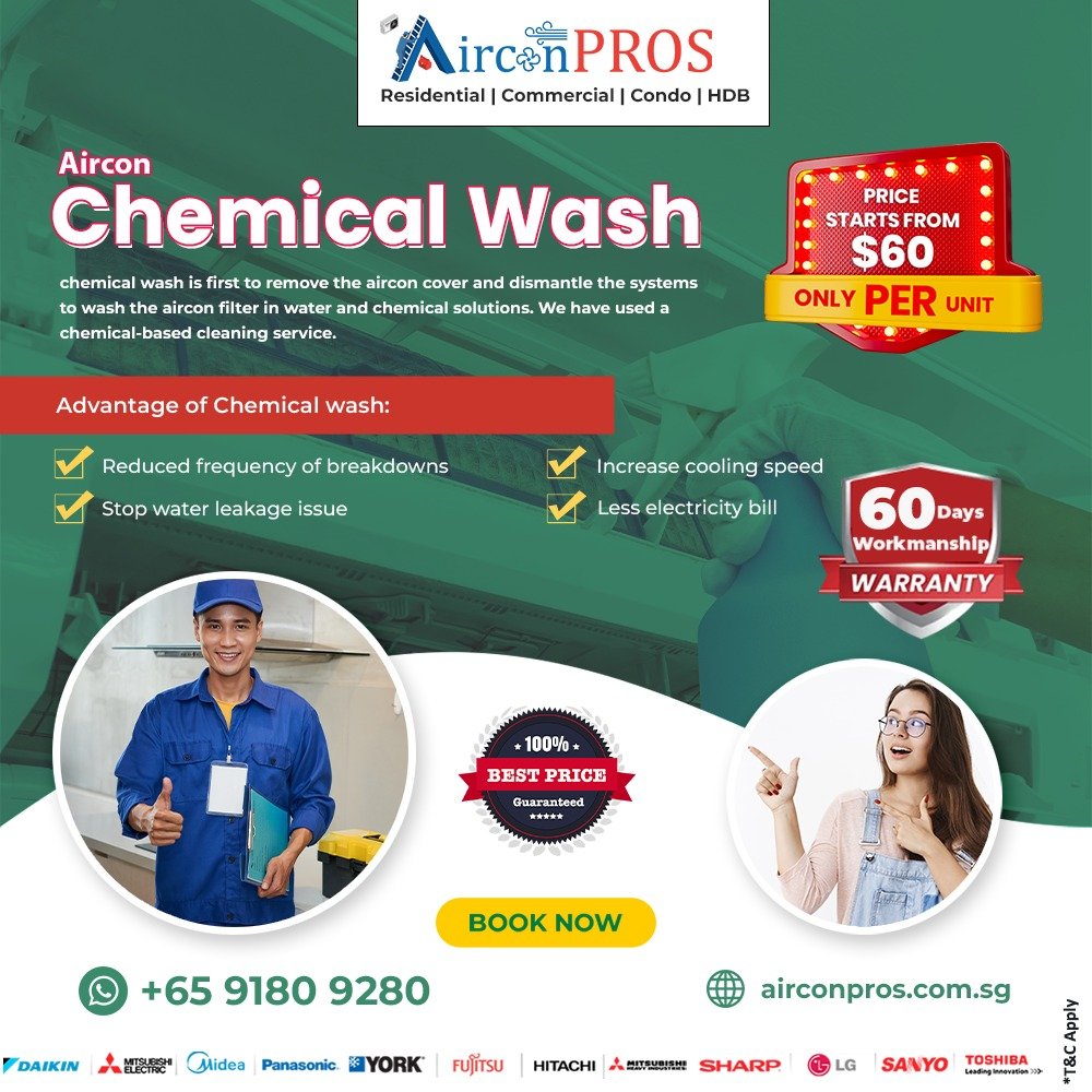 Promotional flyer for Aircon Chemical Wash. Features service benefits, including breakdown reduction and better air quality. $60 per unit price, 60-day warranty. Includes company info, contact details, and images of a technician and smiling customer.