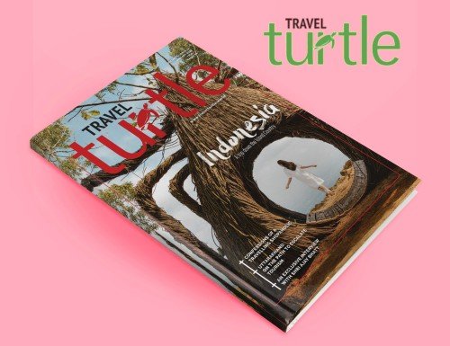 Magazine titled Travel Turtle: Indonesia on a pink background. The cover features a large tree structure with a circular opening, showing a person standing inside. The title is in bold red and black text.